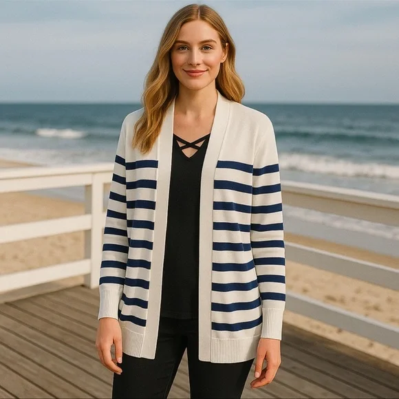 Lands’ End Navy White Striped Cotton Open Front Cardigan Sweater Sz S - Picture 2 of 6